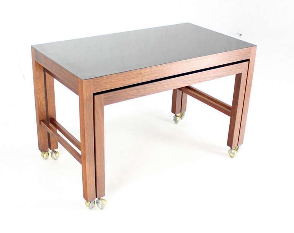 EstablishedLines Pair Set Danish Mid Century Modern Walnut Base Black Laminate Nesting Table MINT