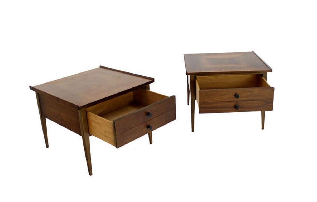 EstablishedLines Pair Large Square Raised Rolled Edge Danish Mid Century Modern Walnut End Tables