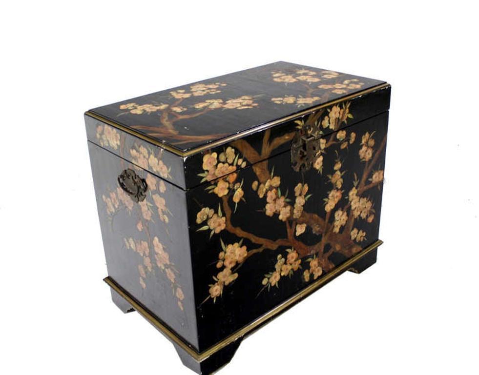 EstablishedLines Oriental Hand Painted Black Lacquer Bar Trunk Chest Electric Lift Shelf Inside