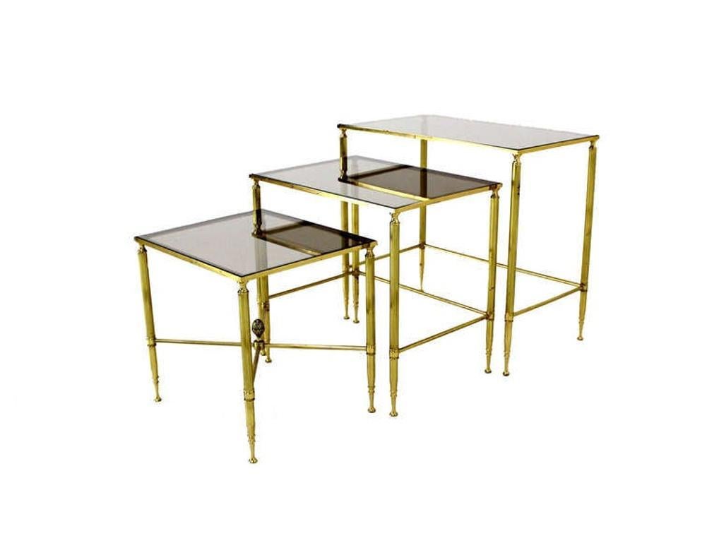 EstablishedLines Solid Brass Smoked Glass Set of Three Nesting Stacking Side Occasional Tables