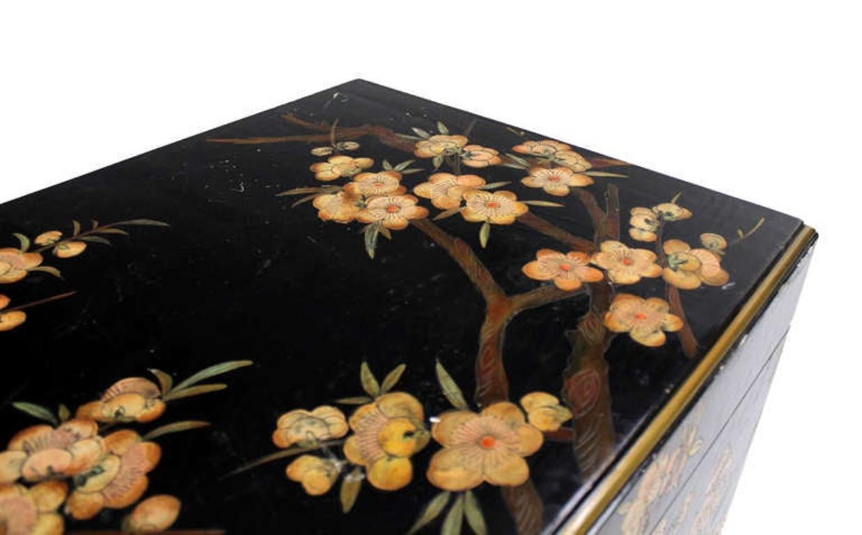 EstablishedLines Oriental Hand Painted Black Lacquer Bar Trunk Chest Electric Lift Shelf Inside