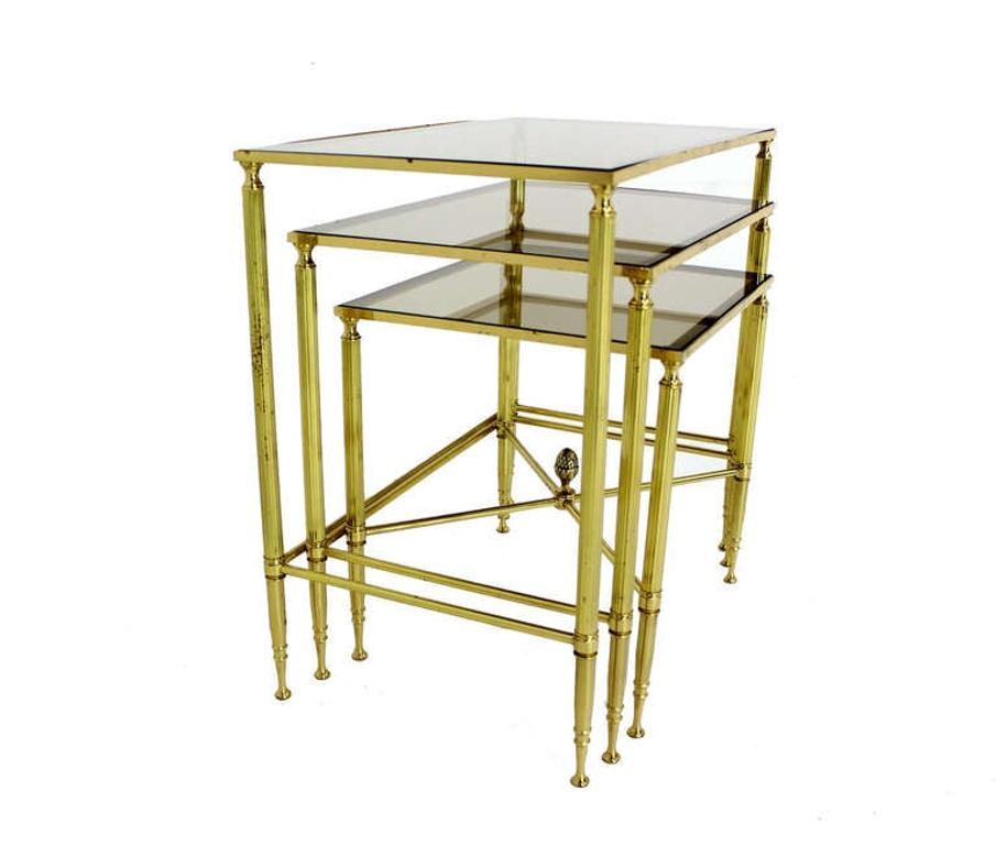 EstablishedLines Solid Brass Smoked Glass Set of Three Nesting Stacking Side Occasional Tables