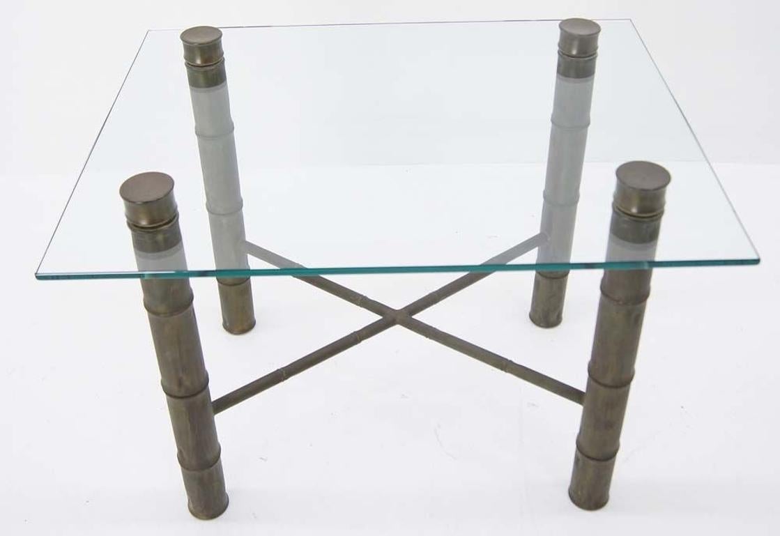 EstablishedLines Faux Bamboo Brass X Base Square Glass Top Coffee Table Mid Century Modern