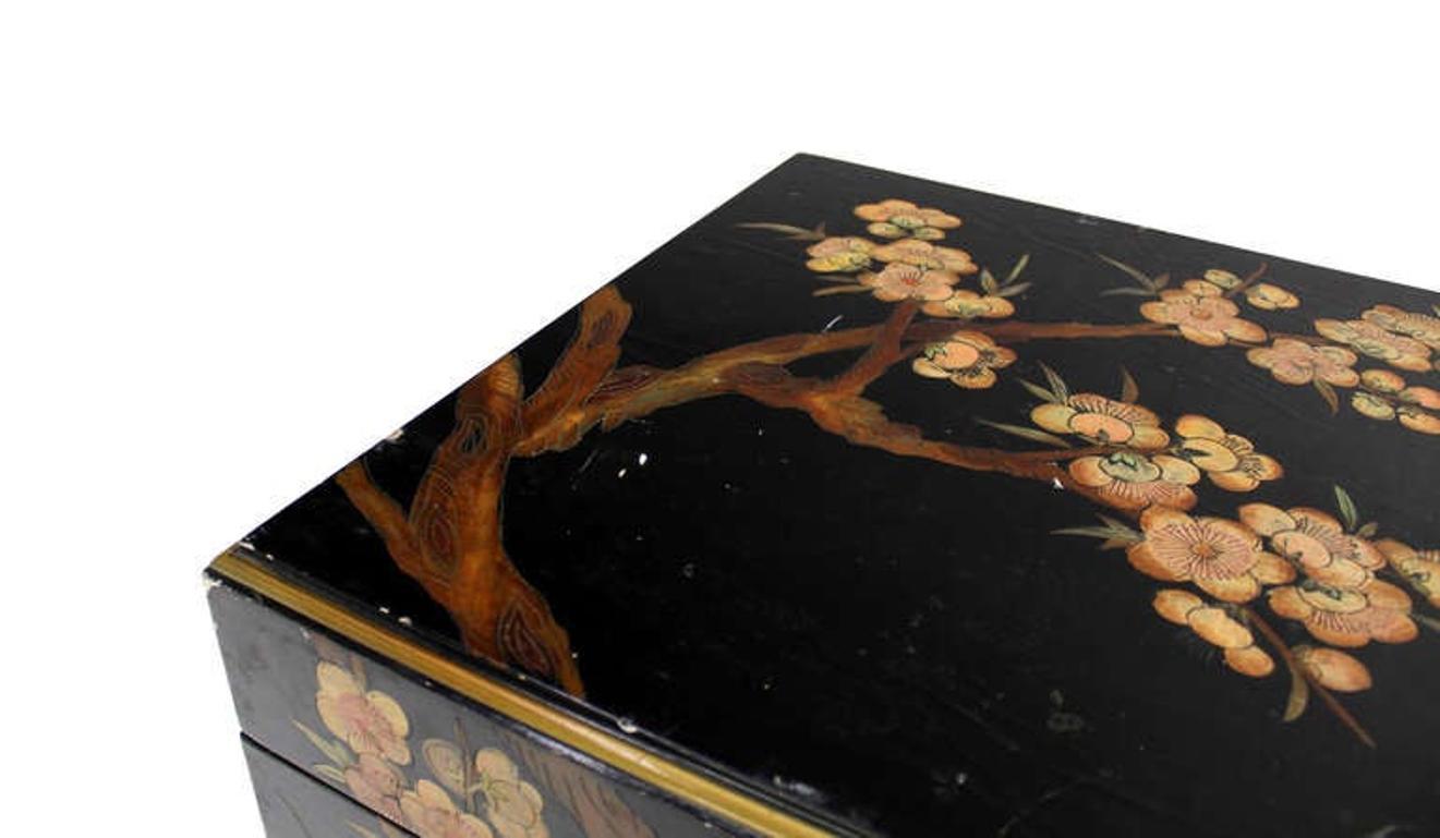 EstablishedLines Oriental Hand Painted Black Lacquer Bar Trunk Chest Electric Lift Shelf Inside