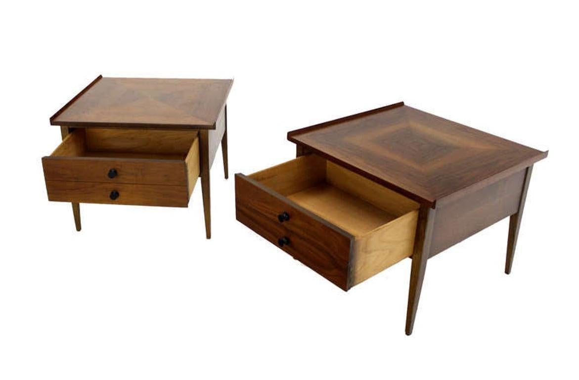 EstablishedLines Pair Large Square Raised Rolled Edge Danish Mid Century Modern Walnut End Tables