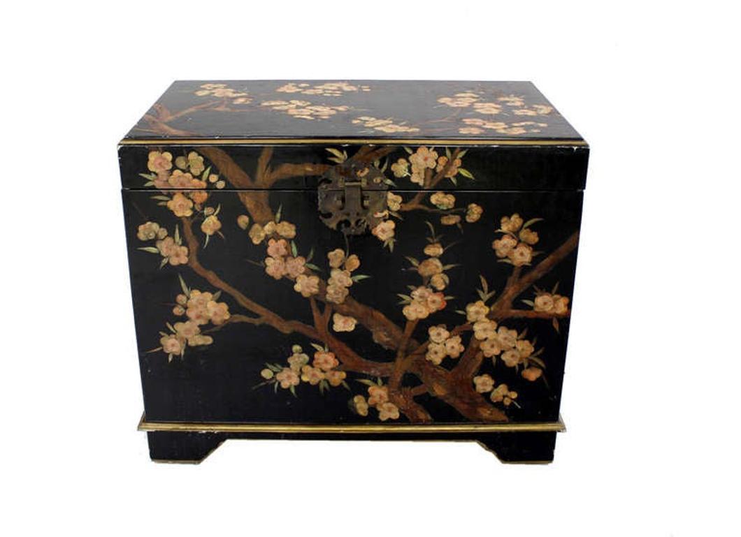 EstablishedLines Oriental Hand Painted Black Lacquer Bar Trunk Chest Electric Lift Shelf Inside