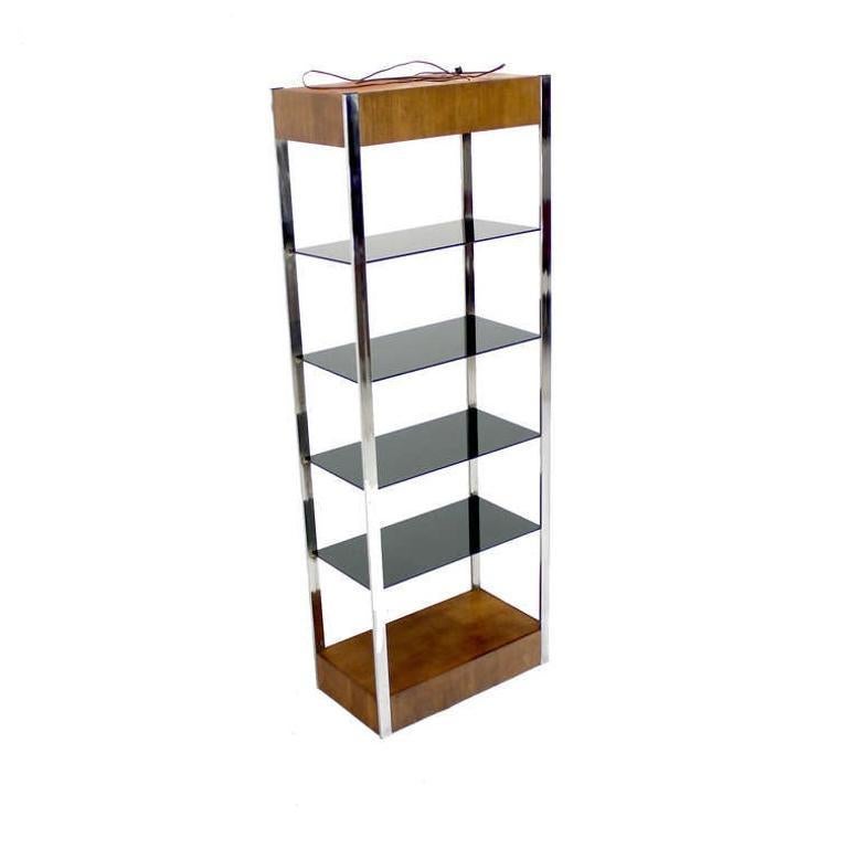 EstablishedLines Mid Century Chrome and Walnut Frame Smoked Glass Shelves Lighted Etagere MINT!