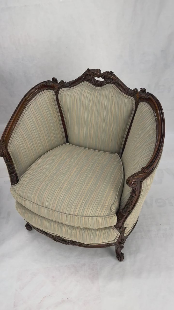 EstablishedLines Pair of His & Hers French Very Fine Carved Mahogany Louis XV Lounge Chairs Clean