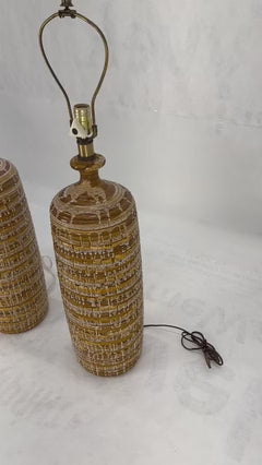 EstablishedLines Pair Italian Brown Cream Yellow Drip Glaze Ceramic Pottery Cylinder Shape Lamps