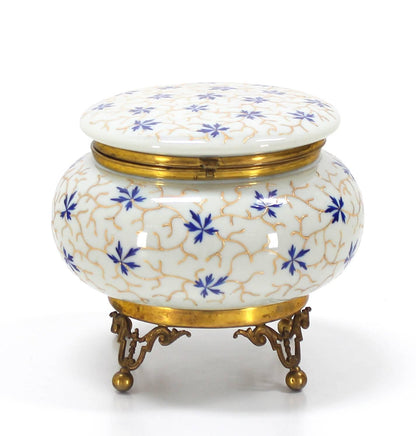 Large Enameled Painted Floral Pattern Art Glass Round Dresser Box