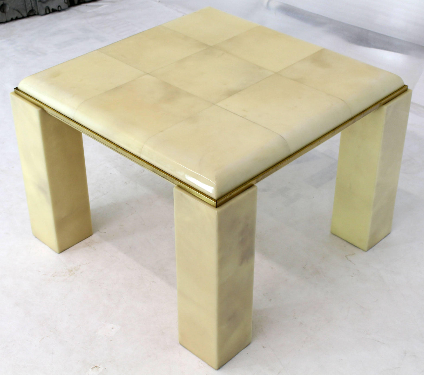Lacquered Parchment Solid Brass Edge Trim Square Side Occasional Coffee Table