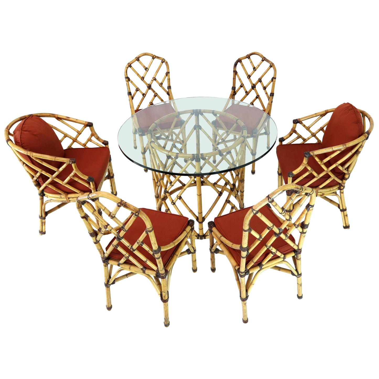 McGuire 7  Pieces Bamboo Dining Set Round Glass Top Table Two Arm Chairs Leather