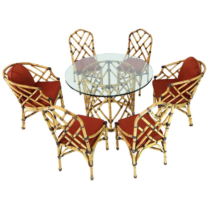 McGuire 7  Pieces Bamboo Dining Set Round Glass Top Table Two Arm Chairs Leather