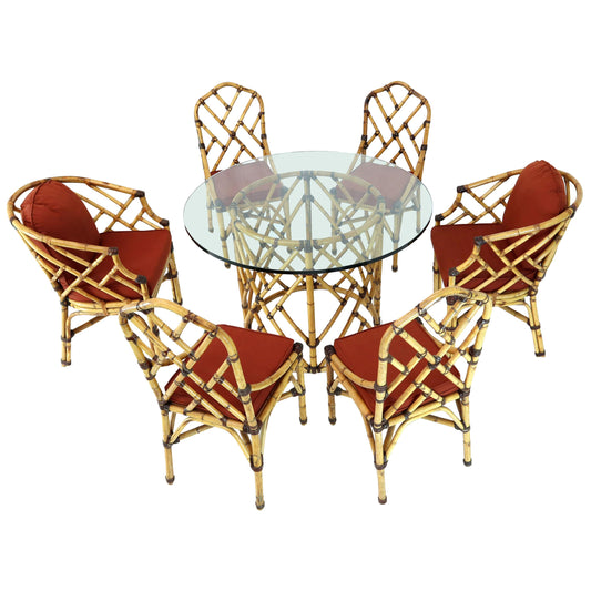 McGuire 7  Pieces Bamboo Dining Set Round Glass Top Table Two Arm Chairs Leather