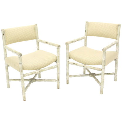 Pair of Distressed Finish Faux Bamboo Capitan Chairs with X Bases