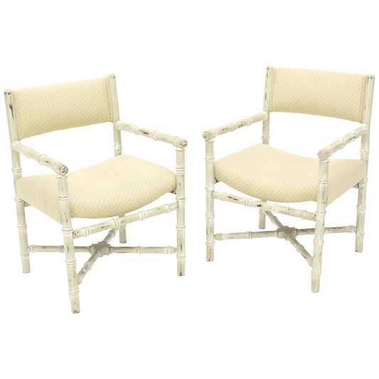 Pair of Distressed Finish Faux Bamboo Capitan Chairs with X Bases