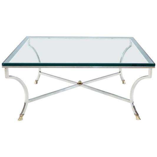 EstablishedLines Square Chrome and Brass Hoof Feet Base Coffee Table Thick Glass Top