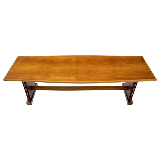 EstablishedLines Narrow Long Boat Shape Walnut Dining Harvest Table Studs Leather Brass Decorated