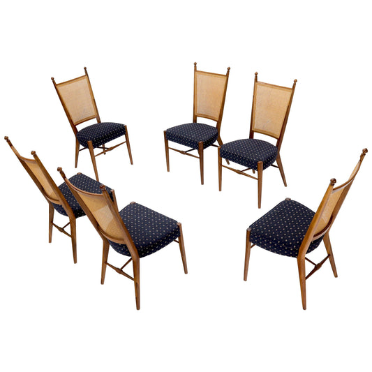 EstablishedLines Set of 6 Mid-Century Modern Sculpted Walnut Frames Cane Back Dining Chairs