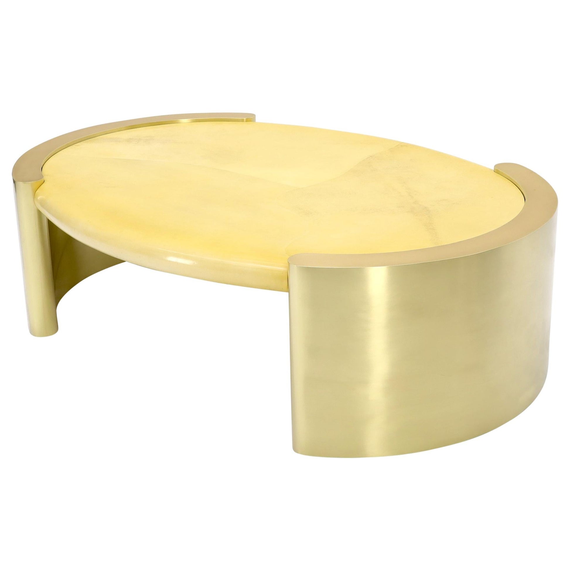 EstablishedLines Forged Rounded Brass Base Oval Goat Skin Top Mid-Century Modern Coffee Table