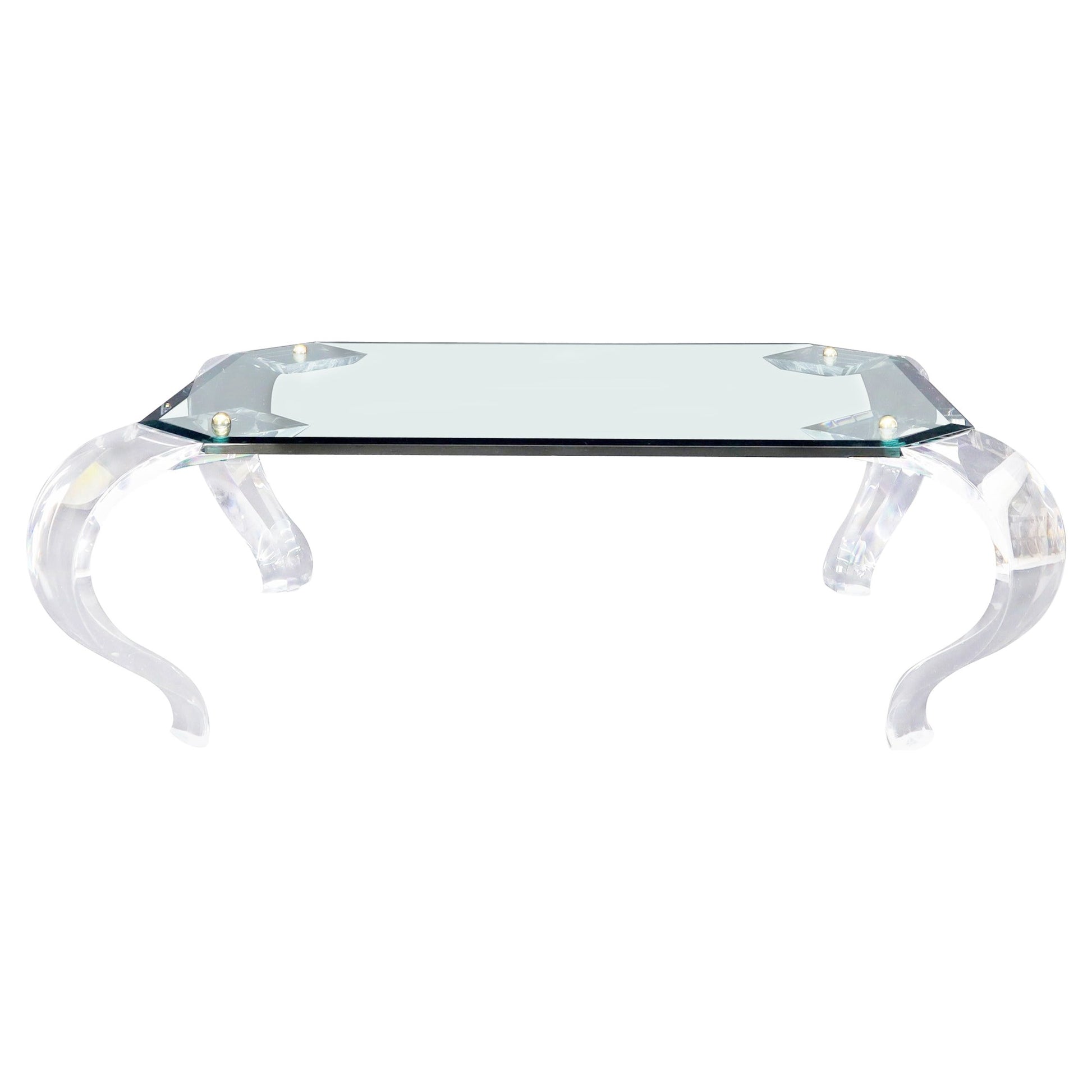 EstablishedLines Glass Top Bent Lucite Legs Rectangular Coffee Table