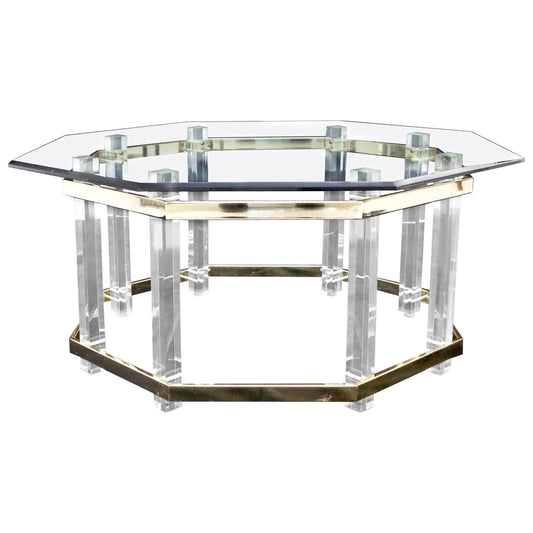 EstablishedLines Lucite Glass and Brass Round Octagon Shape Coffee Table