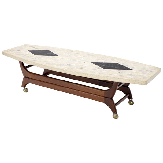 EstablishedLines Terrazzo Stone Inlay Boat Shape Oiled Walnut Base Coffee Table