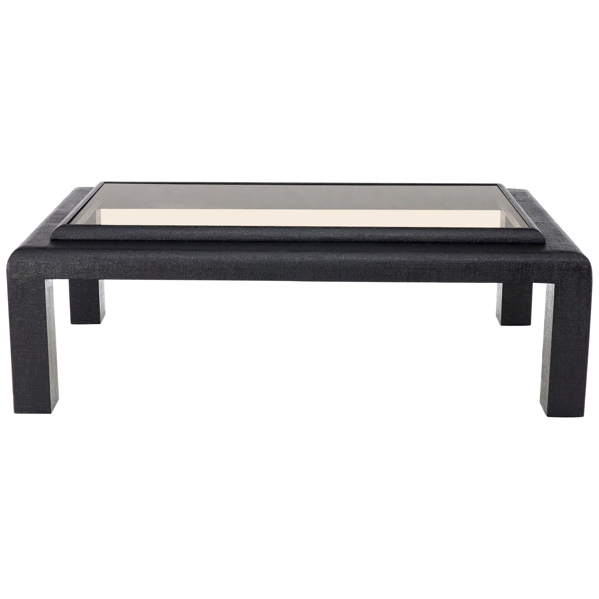 EstablishedLines Cloth Wrapped Black Lacquer Glass Top Rectangular Coffee Table