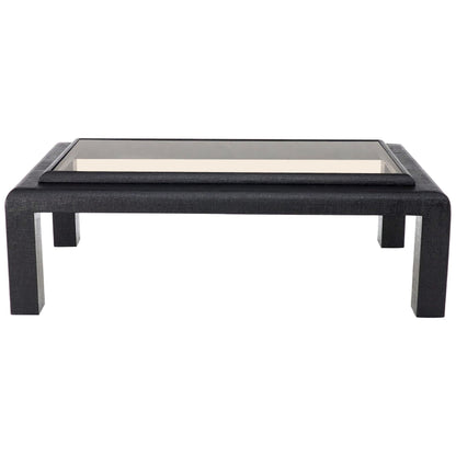 EstablishedLines Cloth Wrapped Black Lacquer Glass Top Rectangular Coffee Table