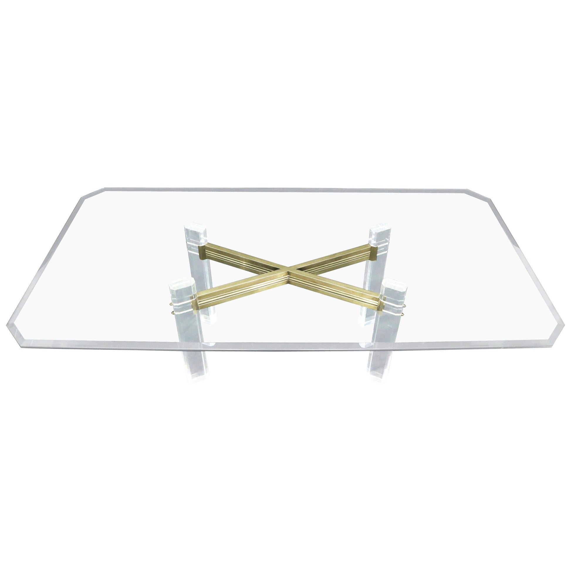 EstablishedLines Large Glass Top Lucite and Brass Base Conference Dining Table atr. Mastercraft