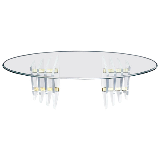 EstablishedLines Double Lucite Pedestal Oval Glass Top Coffee Table