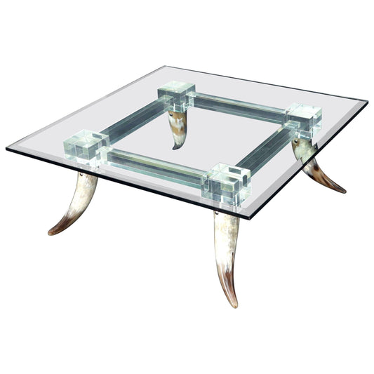 EstablishedLines Bull Horns Shaped to Legs Lucite Stretchers Base Square Glass Top Coffee Table