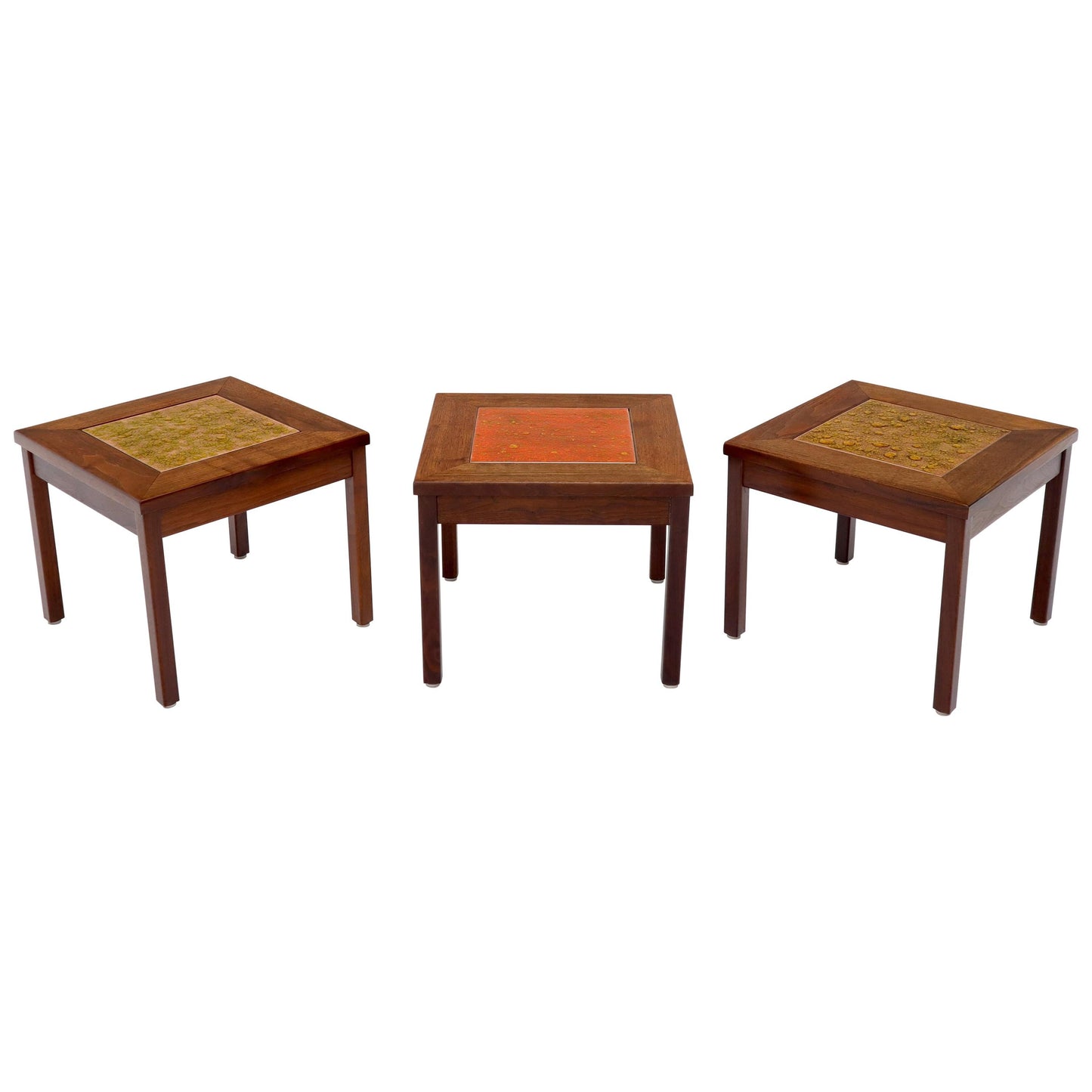 EstablishedLines Brown and Saltman Set of Three End Side Tables in Dark Oiled Walnut Art Tile Top