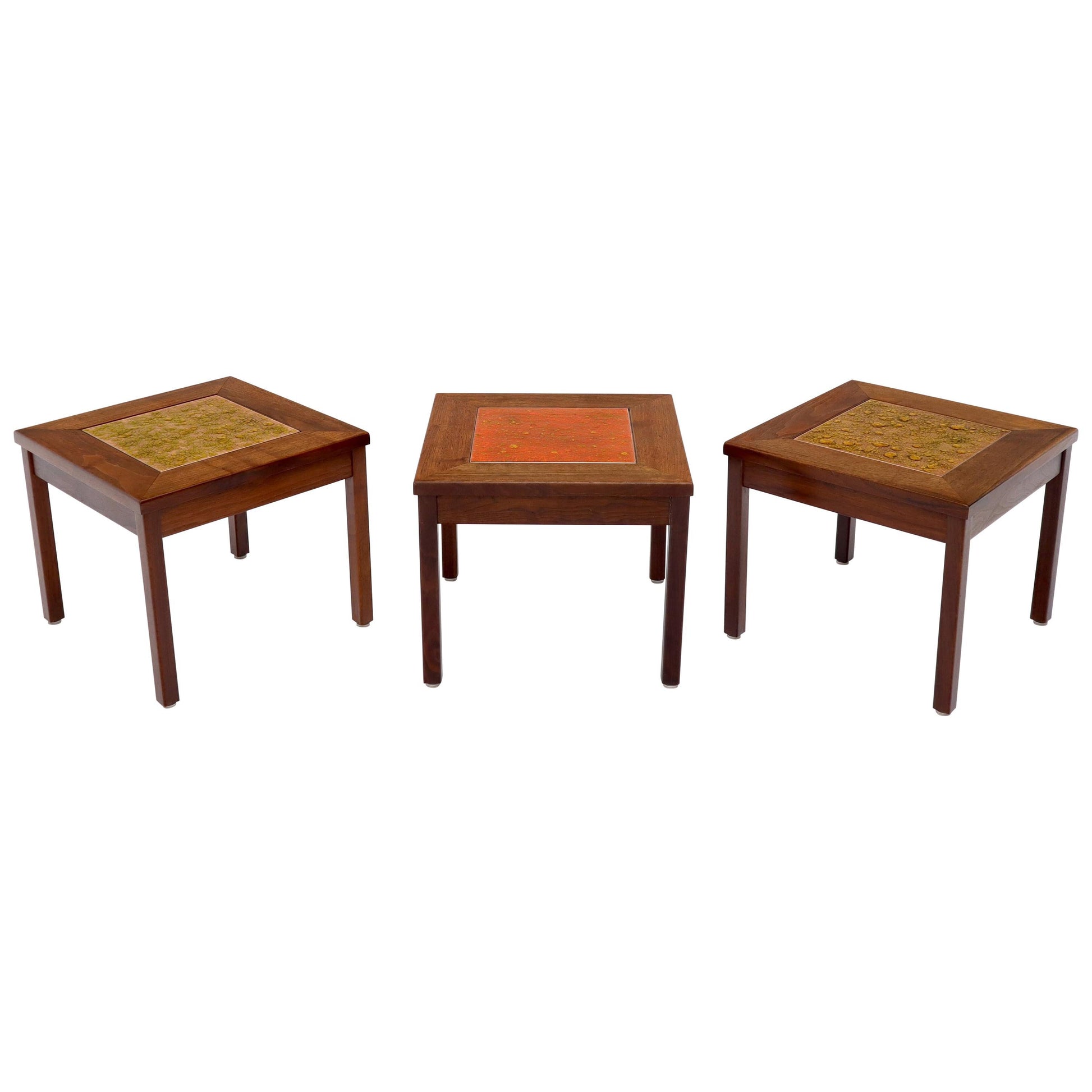 EstablishedLines Brown and Saltman Set of Three End Side Tables in Dark Oiled Walnut Art Tile Top