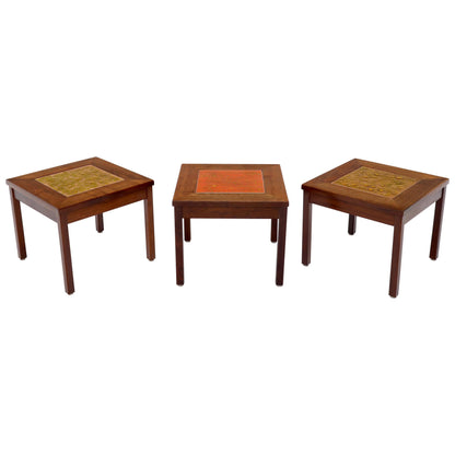 EstablishedLines Brown and Saltman Set of Three End Side Tables in Dark Oiled Walnut Art Tile Top