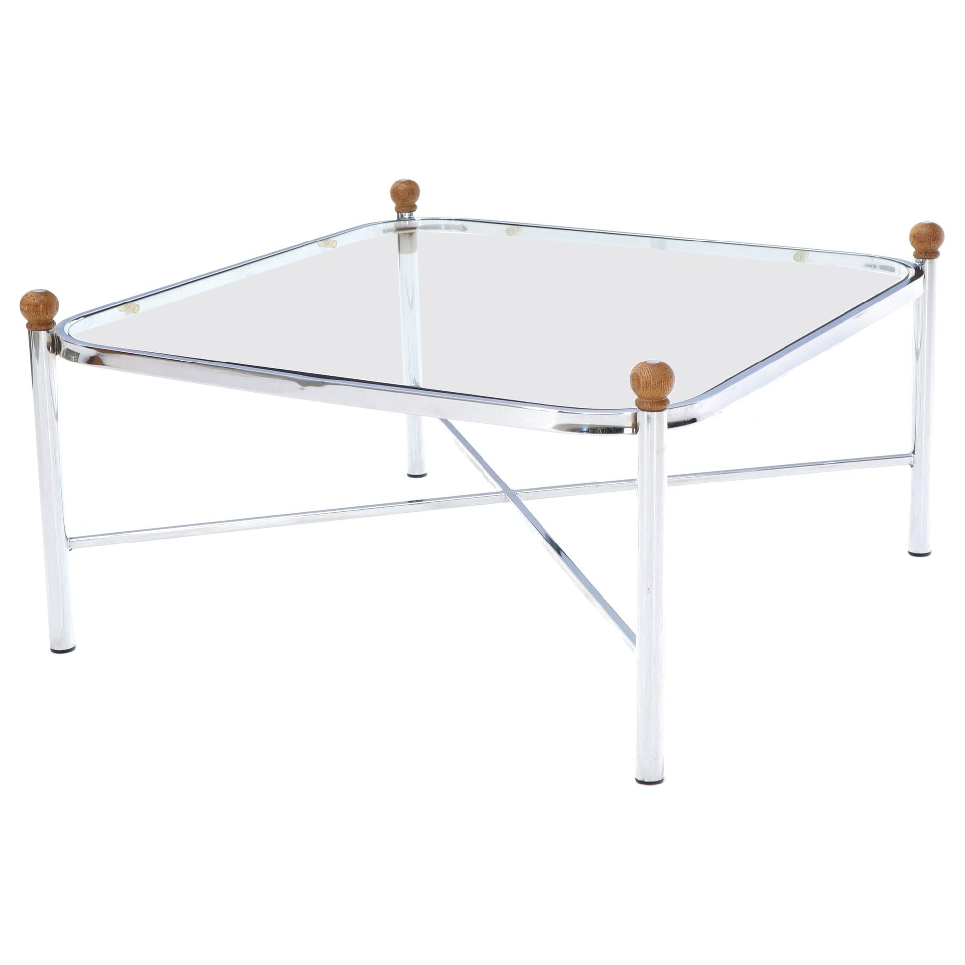EstablishedLines Square Rounded Corners Wood Finials X-Stretcher Base Chrome Coffee Table