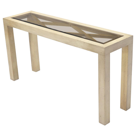 EstablishedLines Pickled White Wash Finish Parsons Style Console Table with Glass Top