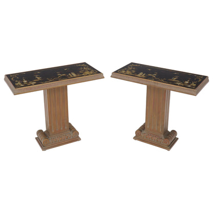 EstablishedLines Pair of Reverse Painted Glass Tops Single Pedestal Side Occasional Tables