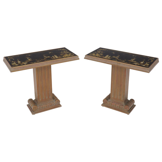 EstablishedLines Pair of Reverse Painted Glass Tops Single Pedestal Side Occasional Tables