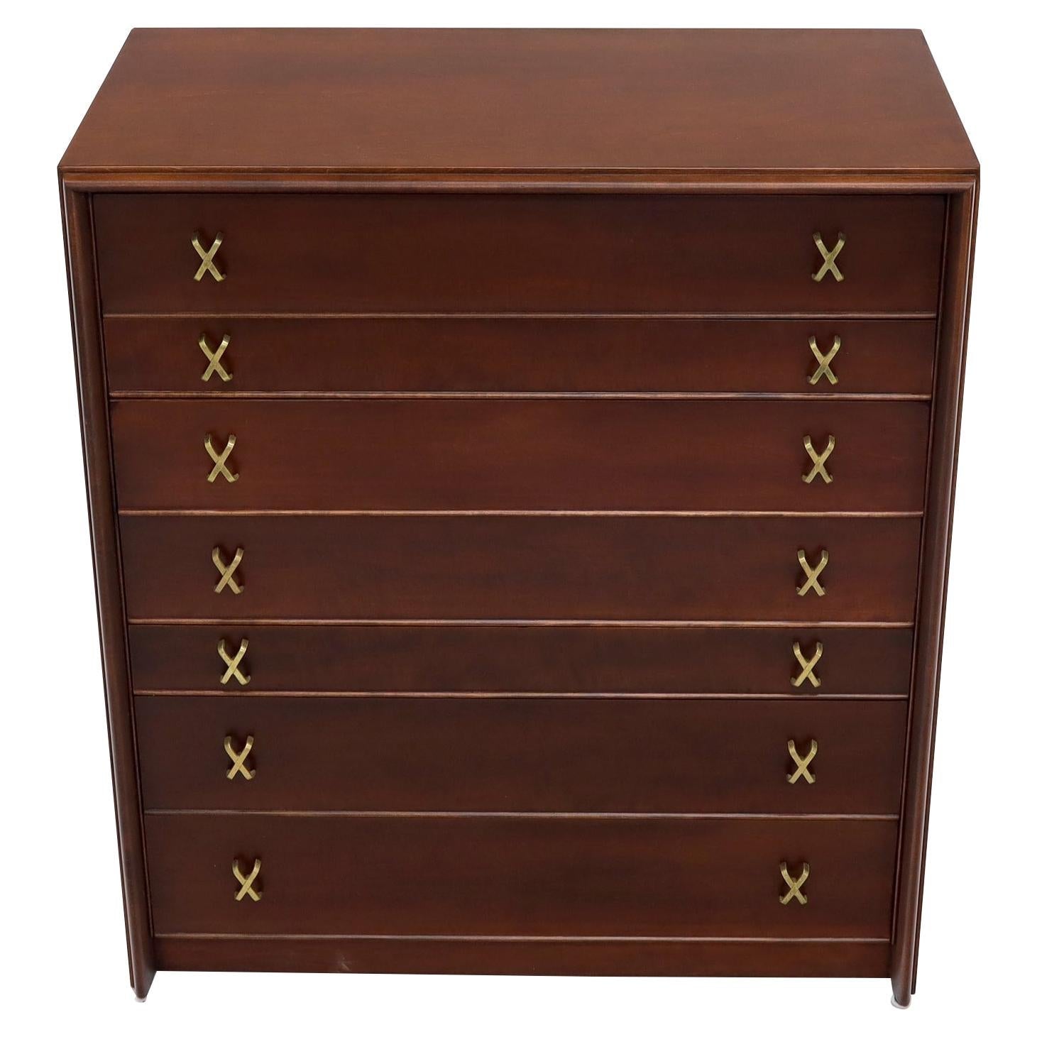 EstablishedLines Paul Frankl Brass X-Pulls Brown Cherry High Chest with Drop Front Secretary