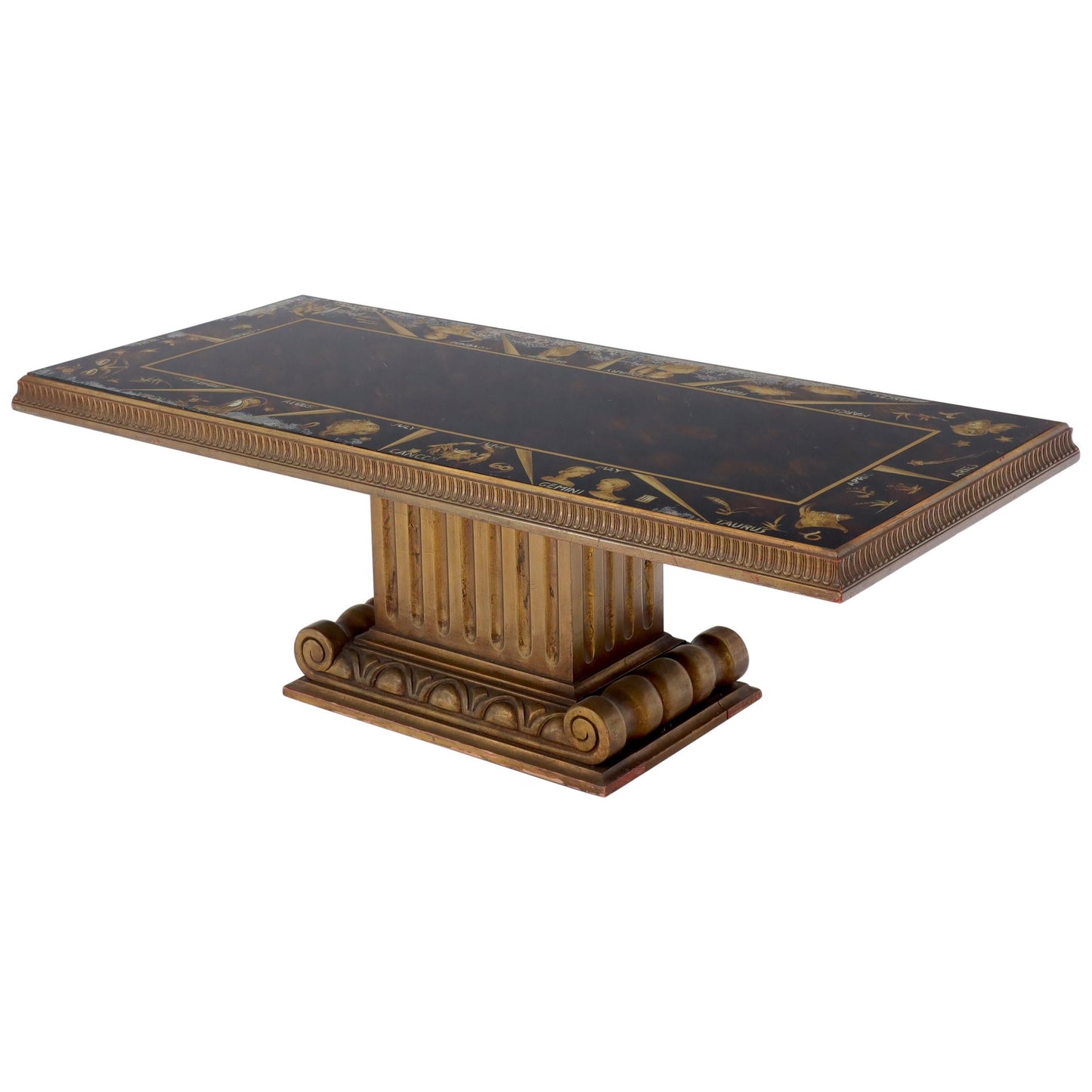 EstablishedLines Reverse Painting Glass Top Colomn Pedestal Shape Base Gold Gilt Coffee Table