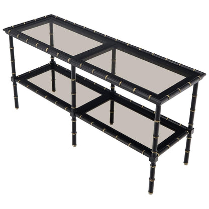EstablishedLines Black Lacquer Faux Bamboo Gold Accents Smoked Glass Console Sofa Table