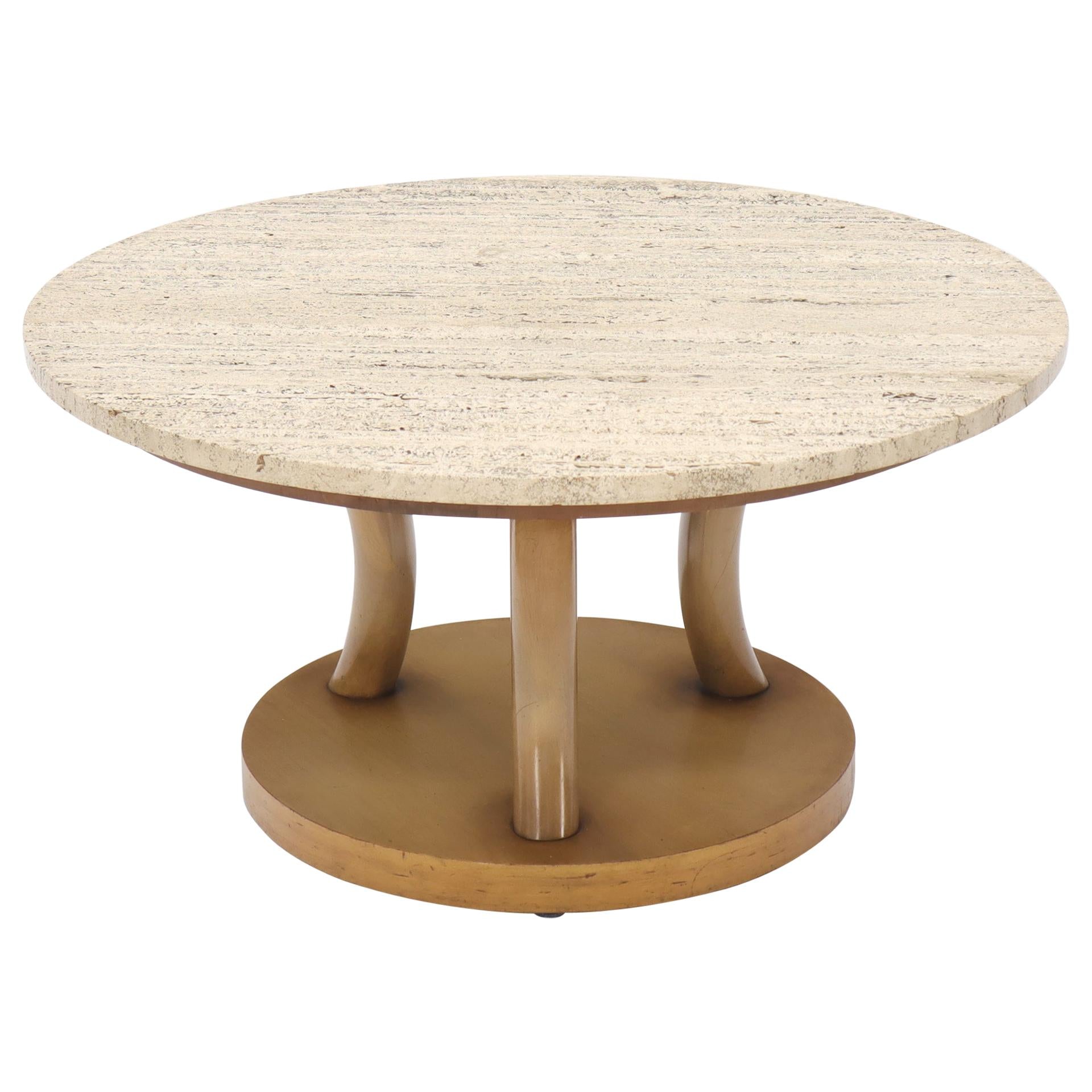 EstablishedLines travertine Top Horn Like Pillars Tripod Base Round Coffee Table