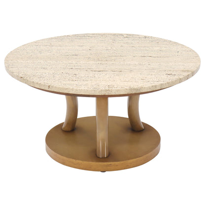 EstablishedLines travertine Top Horn Like Pillars Tripod Base Round Coffee Table