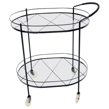 EstablishedLines Oval Mid-Century Modern Black Lacquer Serving Bar Tea Cart