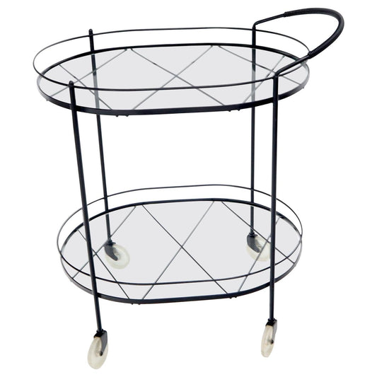 EstablishedLines Oval Mid-Century Modern Black Lacquer Serving Bar Tea Cart