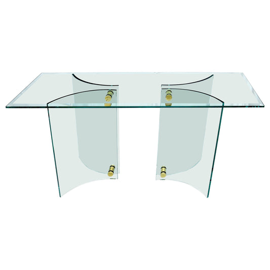 EstablishedLines Curved Glass Base Glass Top Brass Stretchers Console Table