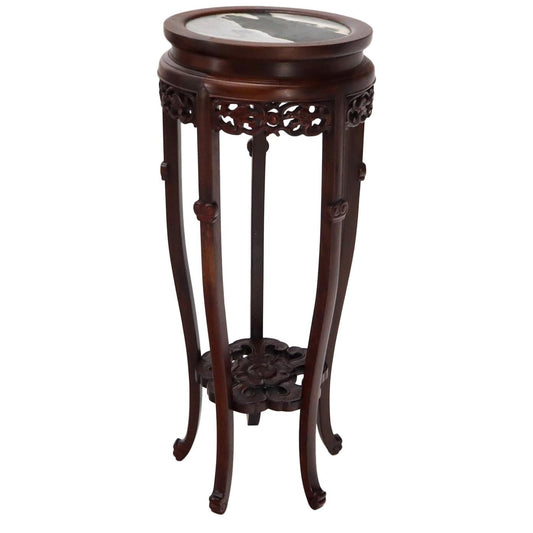 EstablishedLines Chinese Carved Dark Rosewood Marble Top Round Stand