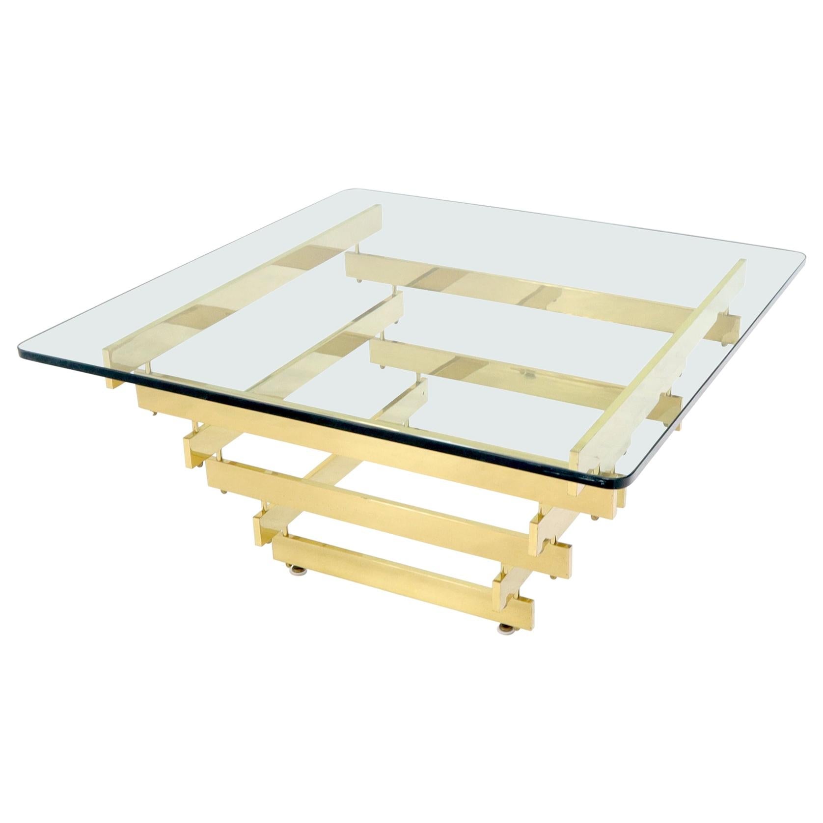 EstablishedLines Stacked Polished Lacquered Brass Bars Base Glass Top Square Coffee Table