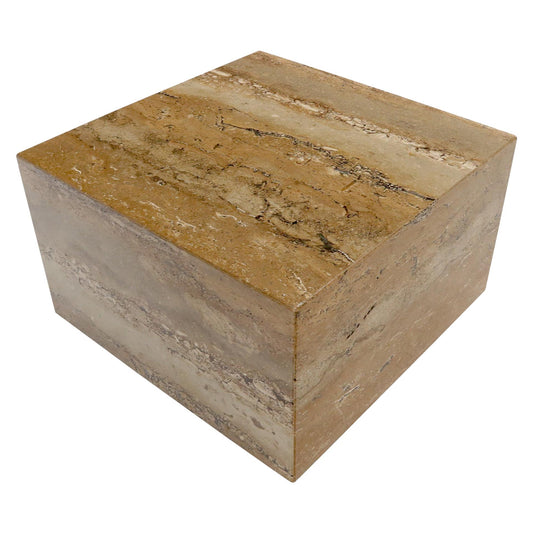 EstablishedLines Cube Square Shape Travertine Marble Coffee Table on Wheels
